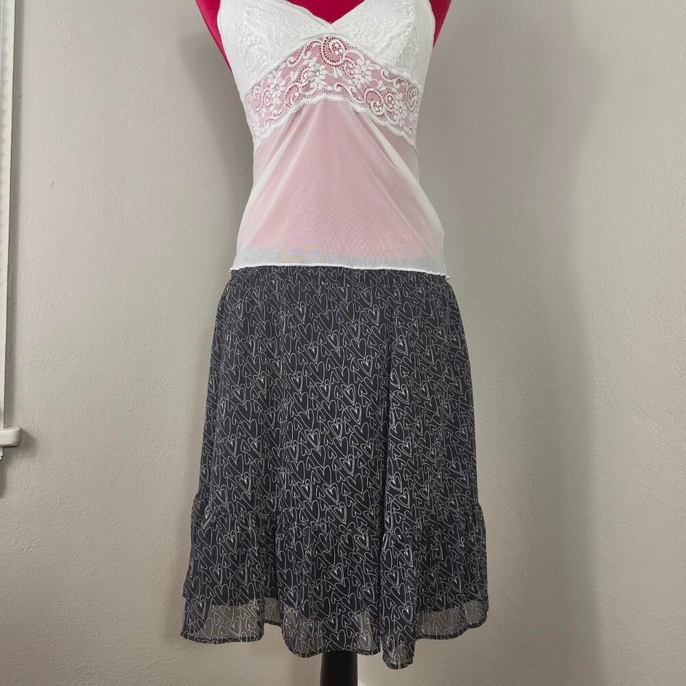 Black and White Heart Print Tiered Valentine's Day Ruffled Hem Skirt Medium
